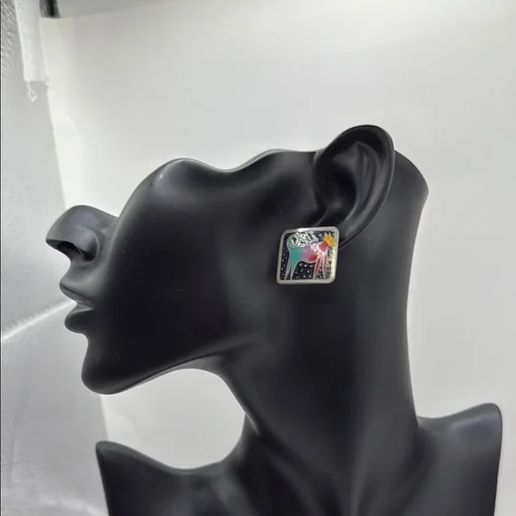 Laurel Burch Night Dog Aztec Square Stud Earrings Jewelry Collectible Cloisonne - Picture 2 of 7